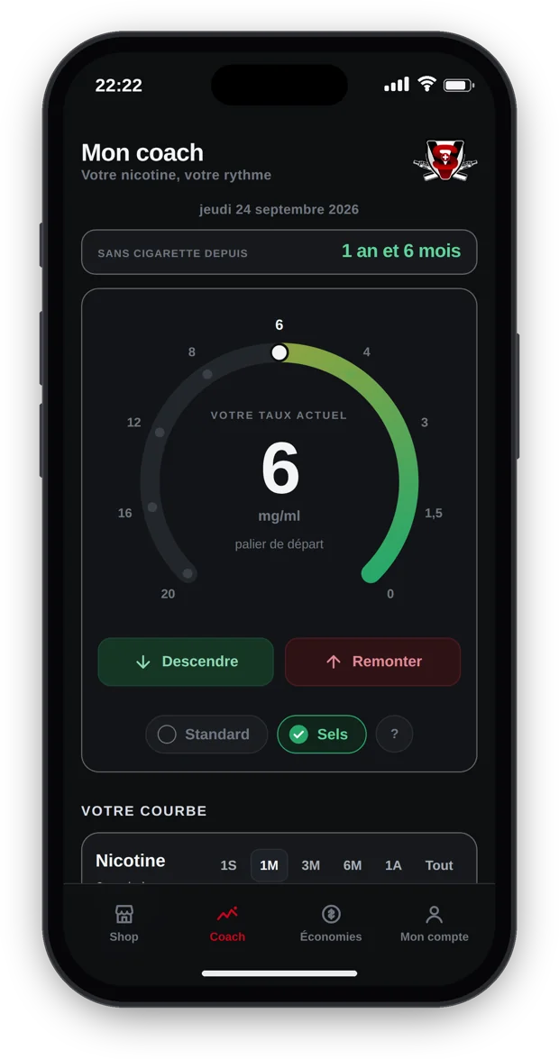 L'app Vapoteurs Suisses : écran du coach nicotine